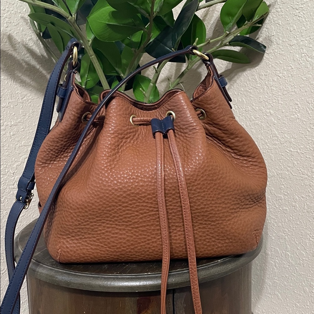 Chic Brown Leather bucket  Bag drawstring